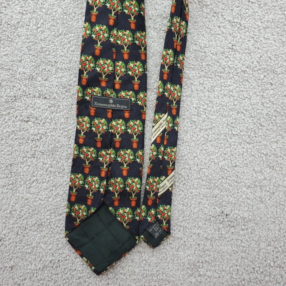 Ermenegildo Zegna Silk Necktie Mens One Size Multicolor Fruit Tree Print Novelty